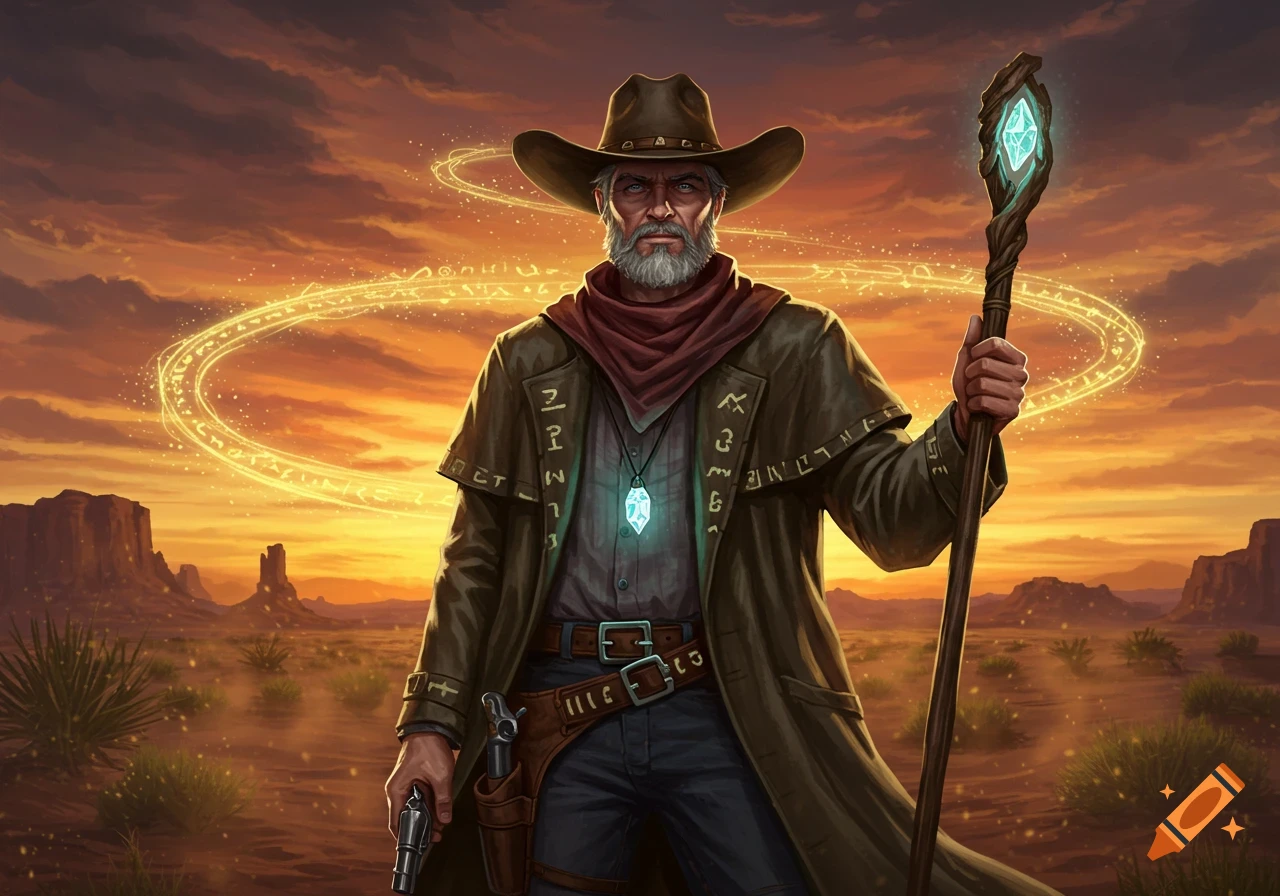 A grizzled cowboy wizard with a gray beard and wide-brimmed hat, holding a glowing staff, stands in a magical desert landscape at sunset.