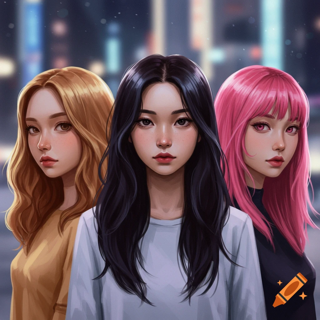 Three anime-style girls with black, blonde, and pink hair stand in front of a blurry city at night.