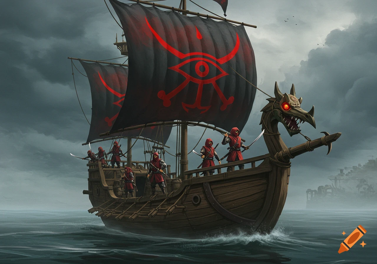 A dark pirate ship with a dragon figurehead and red sails displaying a Yiga Clan symbol, carrying red-clad ninjas on a stormy sea.