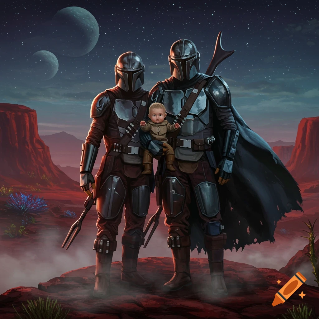 Two armored Mandalorians stand with a baby on a rocky red alien planet under a night sky with multiple moons.