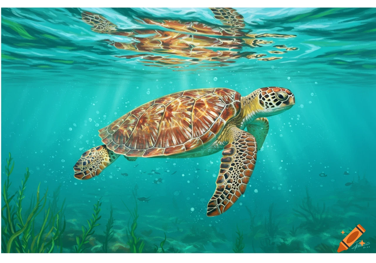 Illustration of a sea turtle swimming underwater with its reflection on the surface, seagrass below.