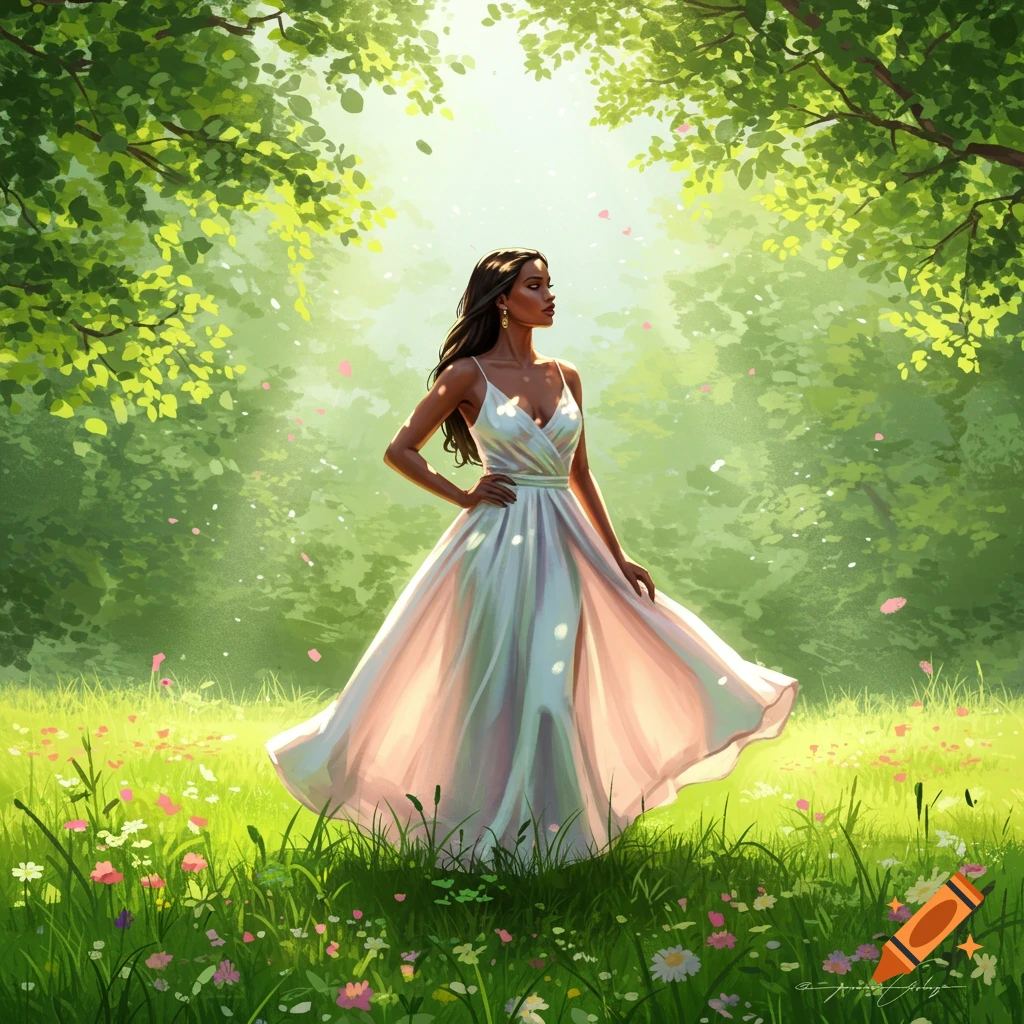 Illustrative depiction of a woman in a white dress standing in a sunlit forest meadow with wildflowers.