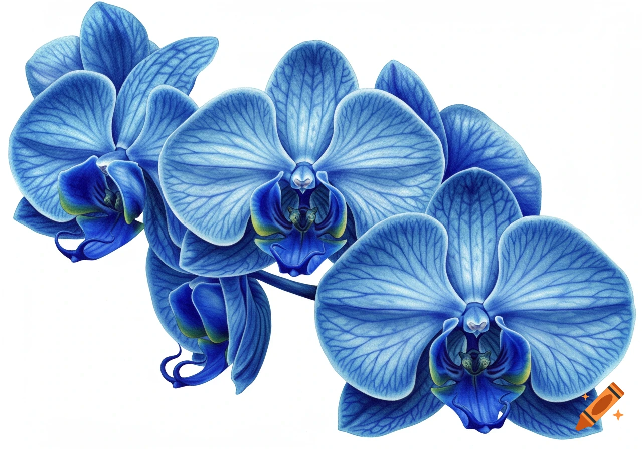 Detailed botanical drawing of vibrant blue orchids with elegant petals and intricate shading on a white background.