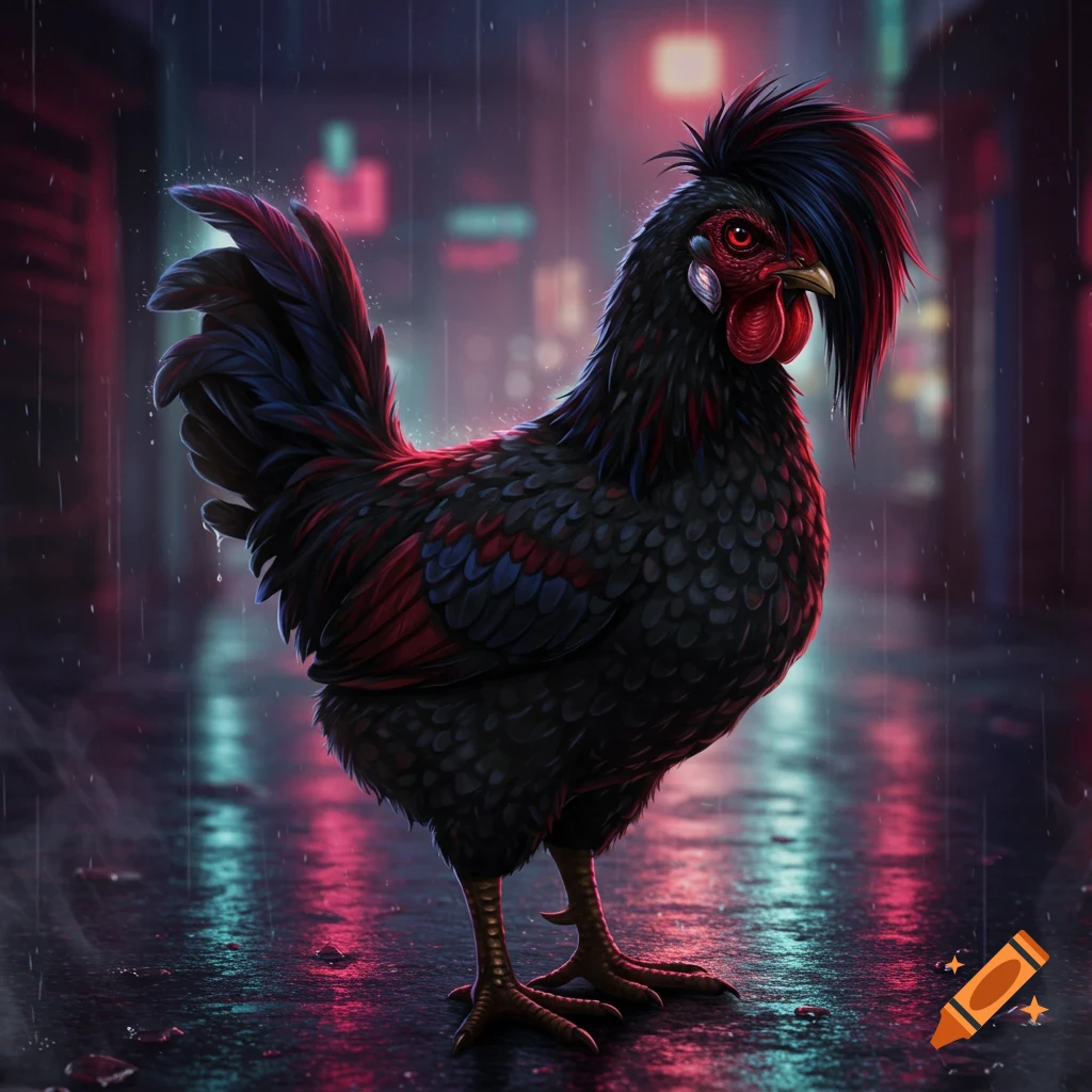 A black and red emo chicken with a spiky hairstyle stands on a wet street at night with neon reflections, in a cyberpunk digital art style.