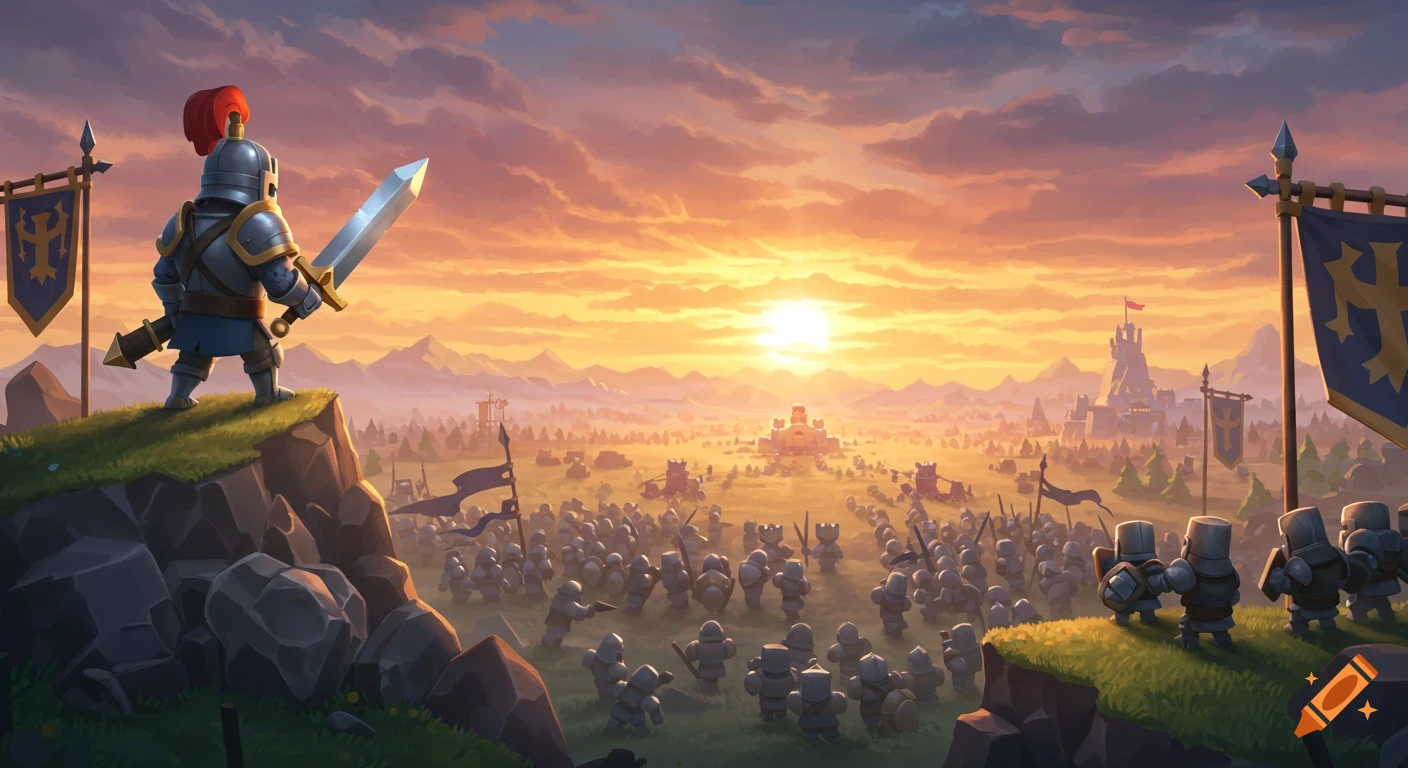 A stylized knight in armor with a sword stands on a cliff, overlooking a cartoon army and castles at sunset.