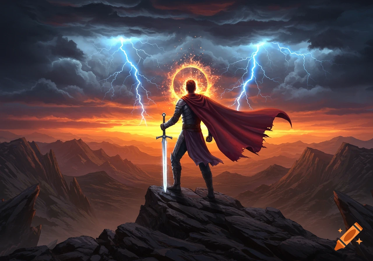 A knight in armor and red cape stands on a mountain peak at sunset, holding a glowing sword beneath a stormy, lightning-filled sky.