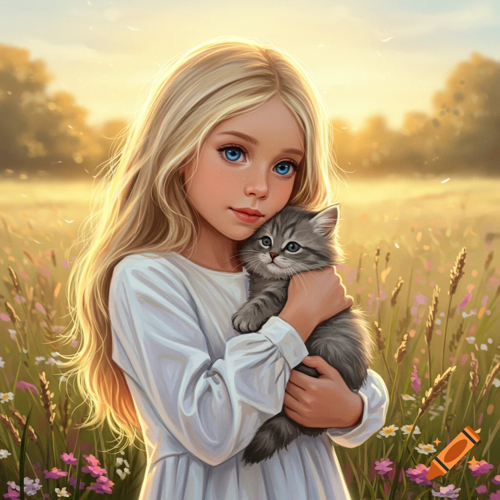 A digitally illustrated young blonde girl with blue eyes gently holds a gray kitten in a sunny field of wildflowers.