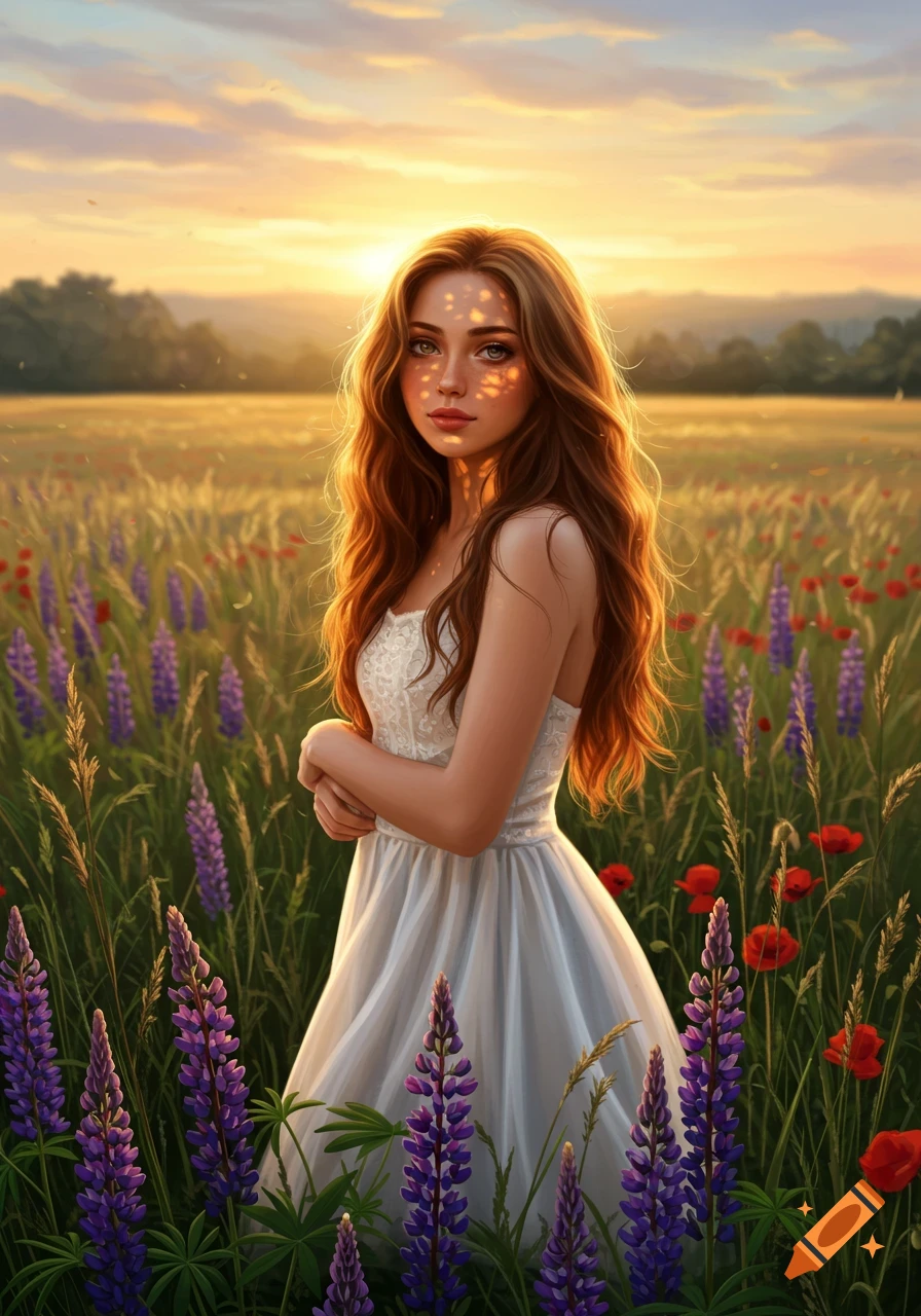 A beautiful girl with long wavy hair stands in a field of purple lupines and red poppies at sunset.