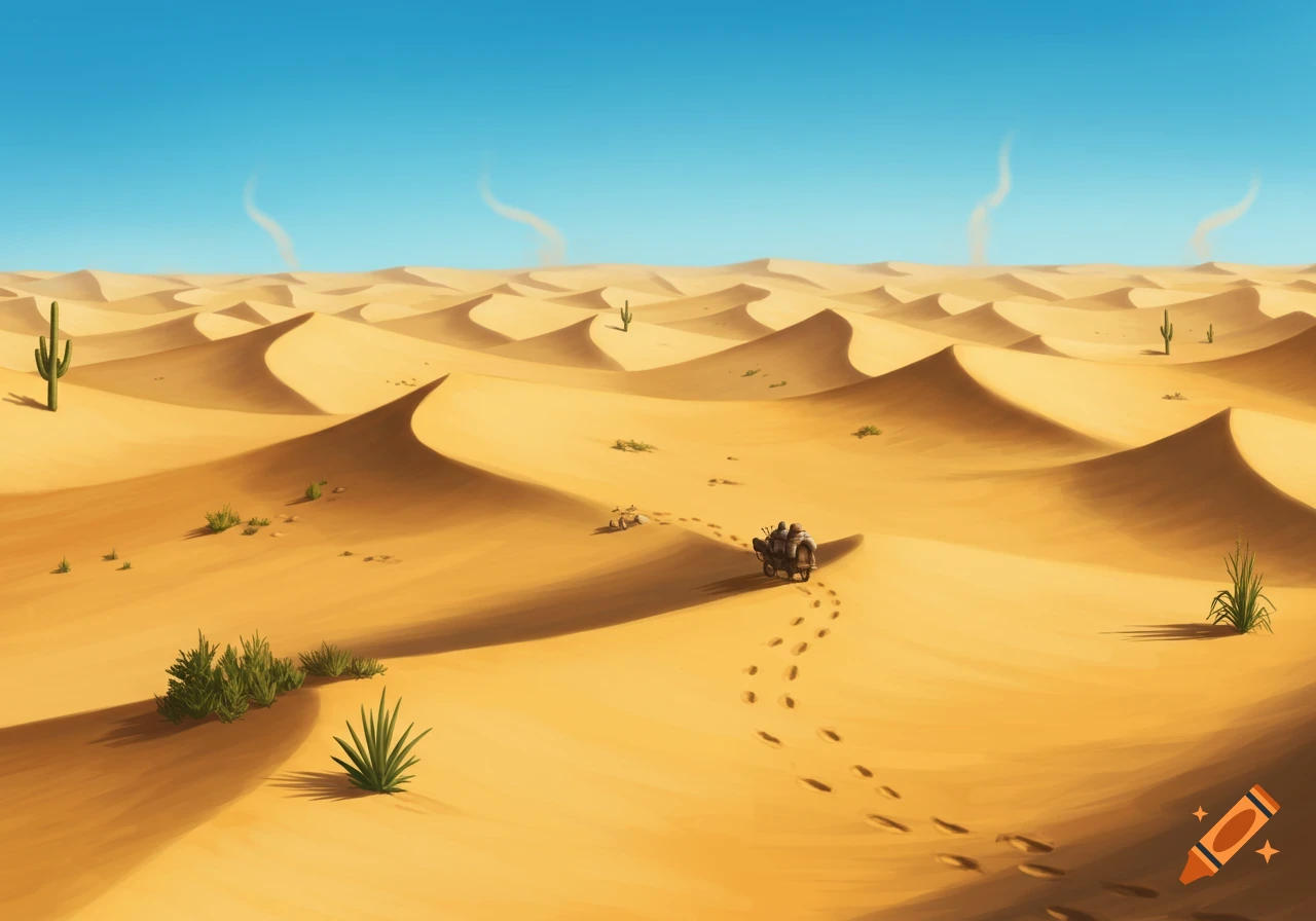 Cartoon desert landscape with rolling sand dunes, scattered cacti, and a small cart leaving tracks under a clear blue sky.