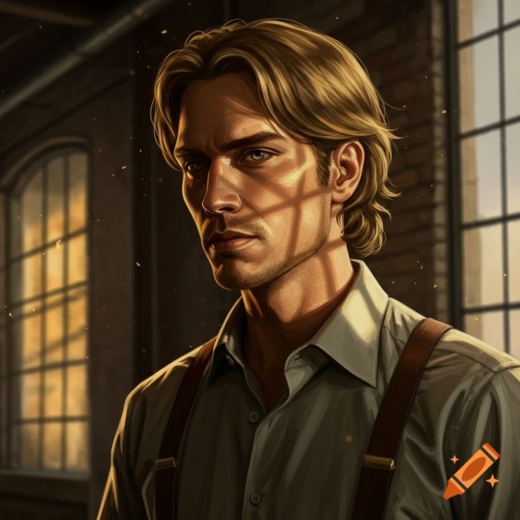 Digital painting of a serious, handsome man with light brown hair, wearing a shirt and suspenders, lit by window light.