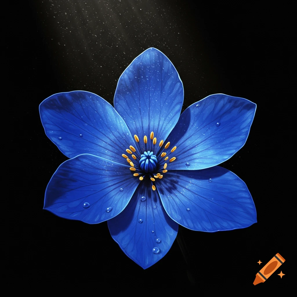 A vibrant blue flower with yellow stamens and water droplets, centered against a dark background with subtle light rays.