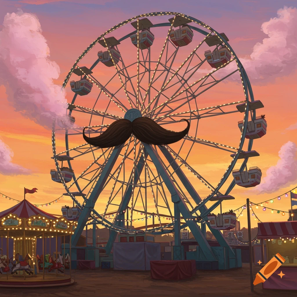 A whimsical illustration of a Ferris wheel with a large mustache attached to its center at a vibrant sunset carnival scene.