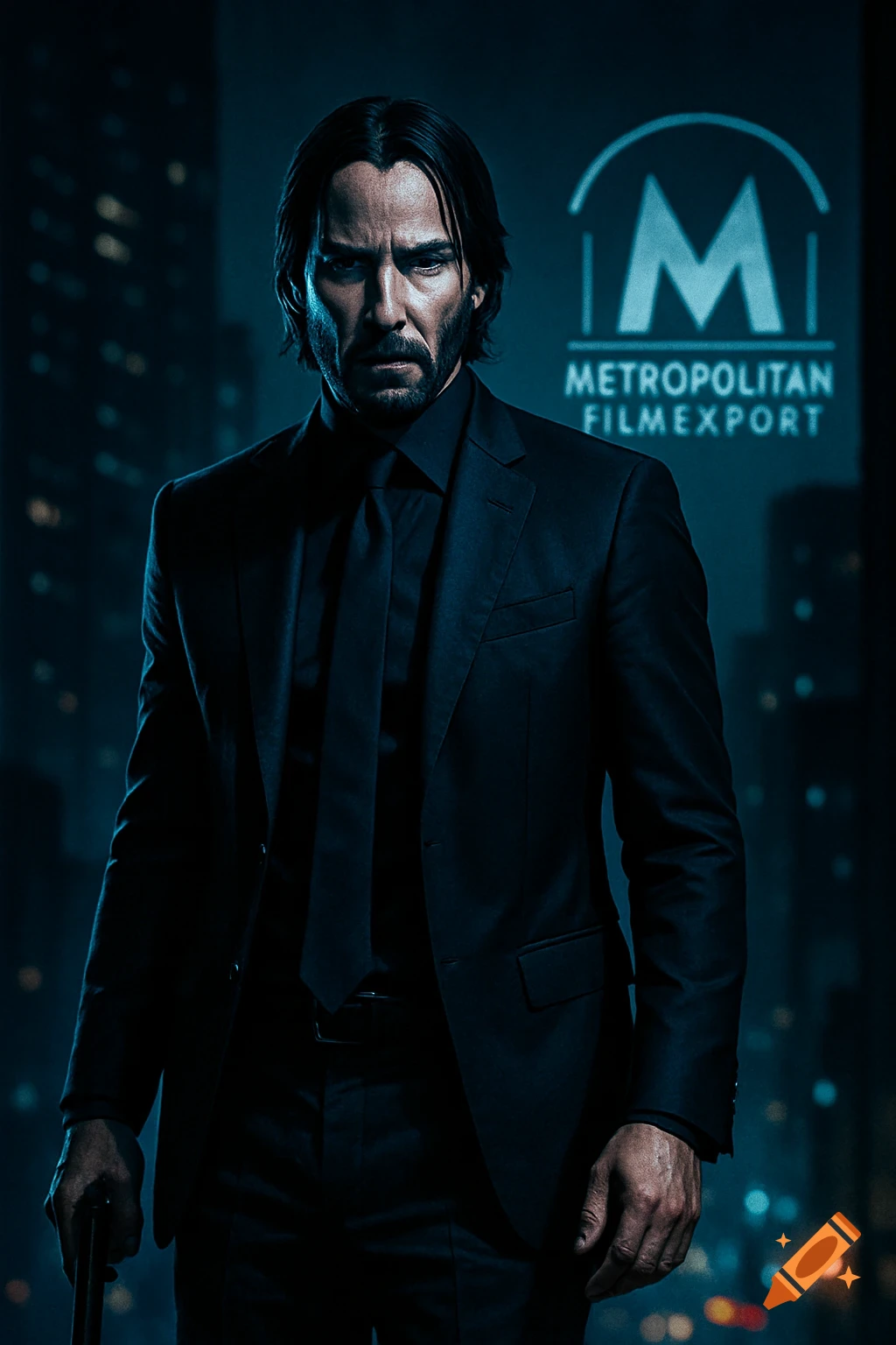 Photorealistic portrait of John Wick in a dark suit against a blurred city background with a glowing 'METROPOLITAN FILMEXPORT' sign.
