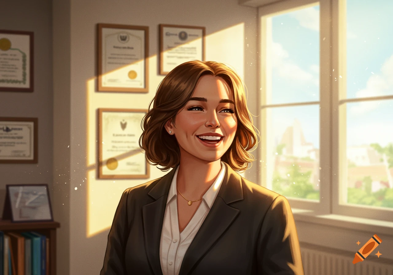 Smiling woman in a dark suit and white shirt, with certificates on the wall behind her in a sunlit illustrative style.