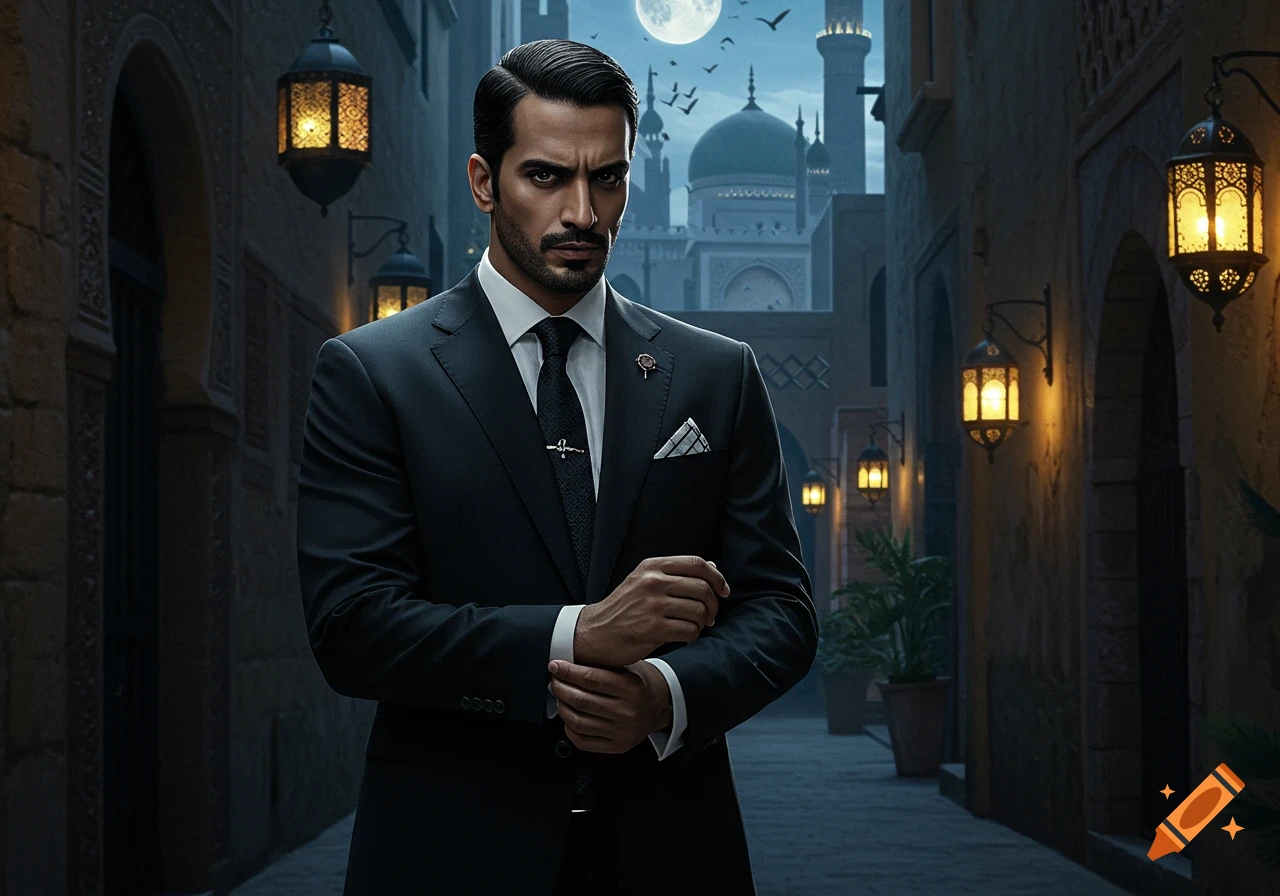 A stern man in a black suit in a dimly lit Middle Eastern alley with ornate lanterns and a mosque under a full moon.