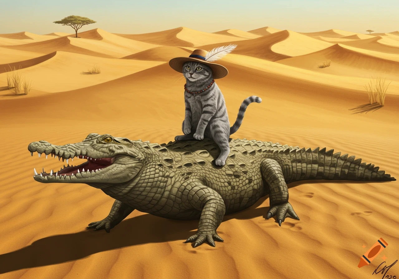 A gray tabby cat in a feather hat rides a crocodile across sunny desert sand dunes.
