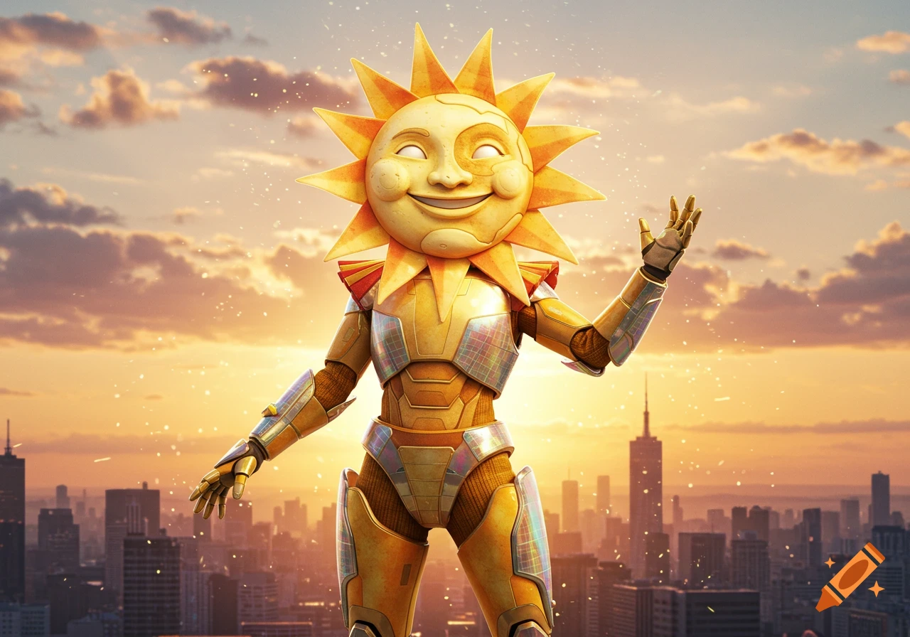 A cheerful anthropomorphic solar mascot in a golden, futuristic suit waves over a city skyline at sunset.