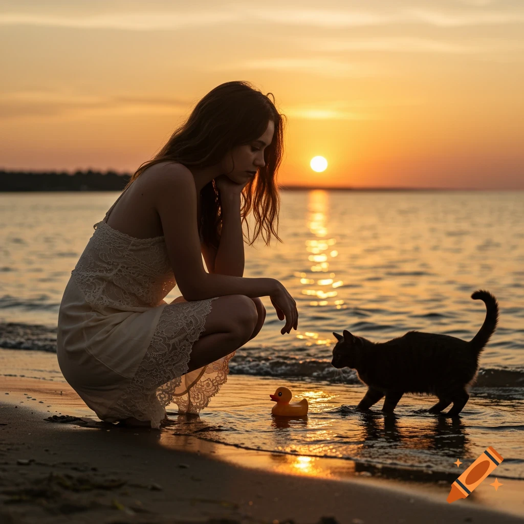A young woman squats on a beach at sunset, looking down at a black cat watching a rubber duck in the shallow water. Photorealistic.