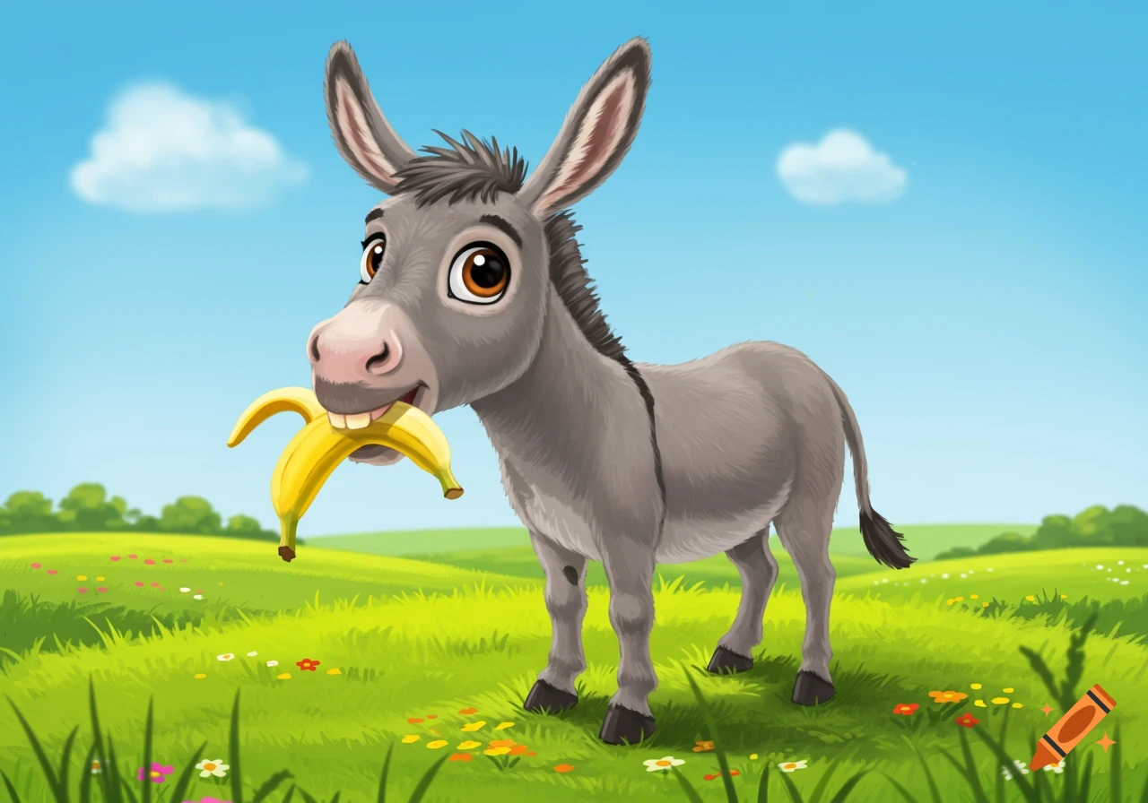 A cute cartoon donkey with big eyes stands in a green field under a blue sky, holding a peeled banana in its mouth.