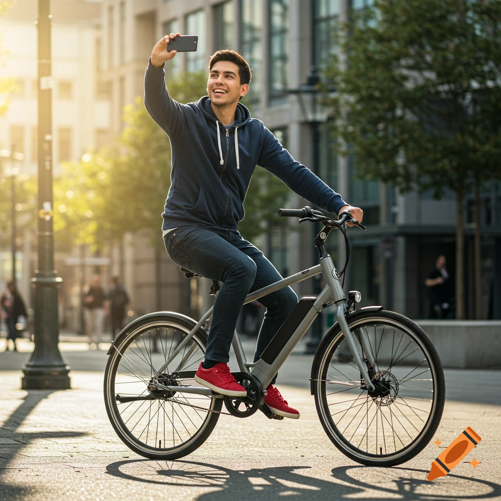 A young man rides a bike on a sunny city street, smiling while taking a selfie with his phone. Photorealistic.