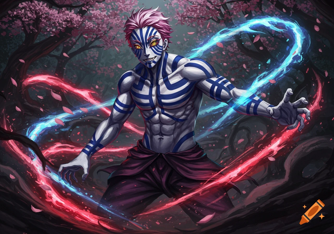 Muscular anime man with pink hair and blue body markings, surrounded by red and blue energy, in a dark cherry blossom forest.