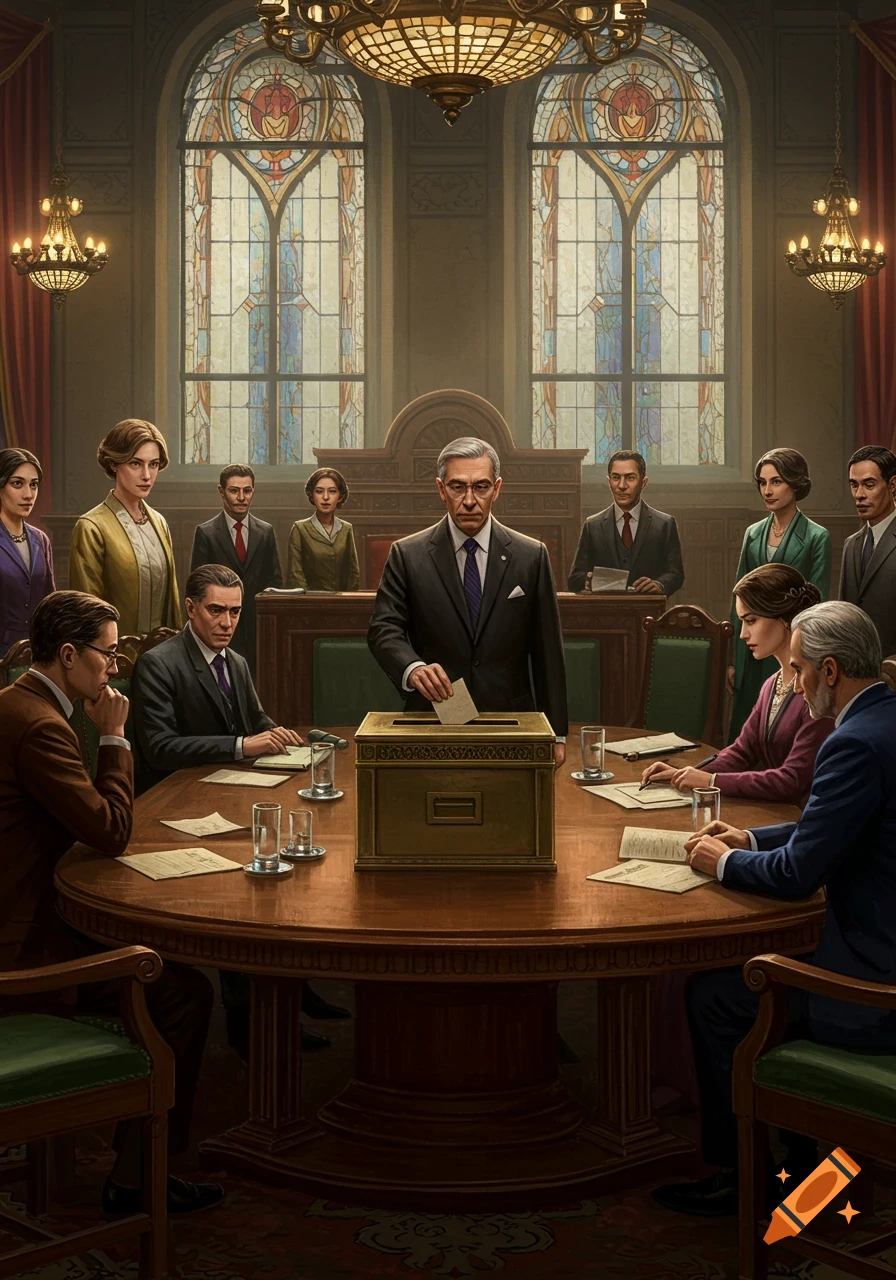 A group of formally dressed people in an ornate room with stained glass windows, watching a man cast a ballot into a wooden box.