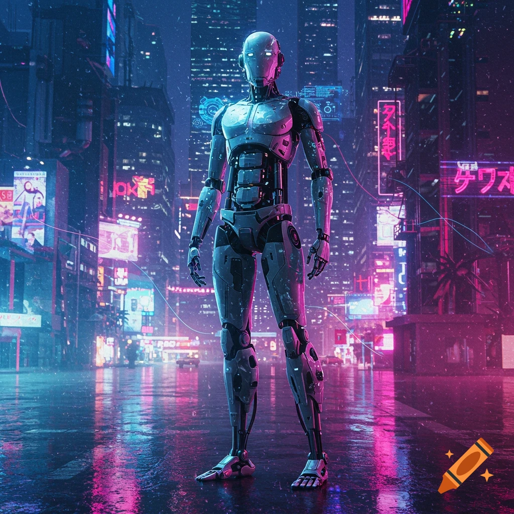 A tall humanoid robot stands in a futuristic cyberpunk city street at night, illuminated by vibrant neon lights.