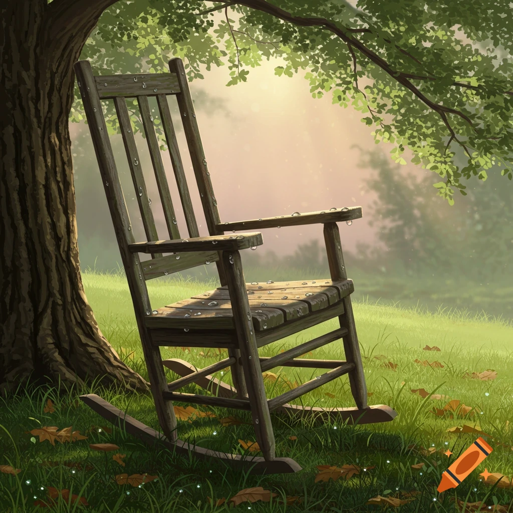 Digital painting of a wooden rocking chair covered in water droplets under a tree in a sunny, misty field.