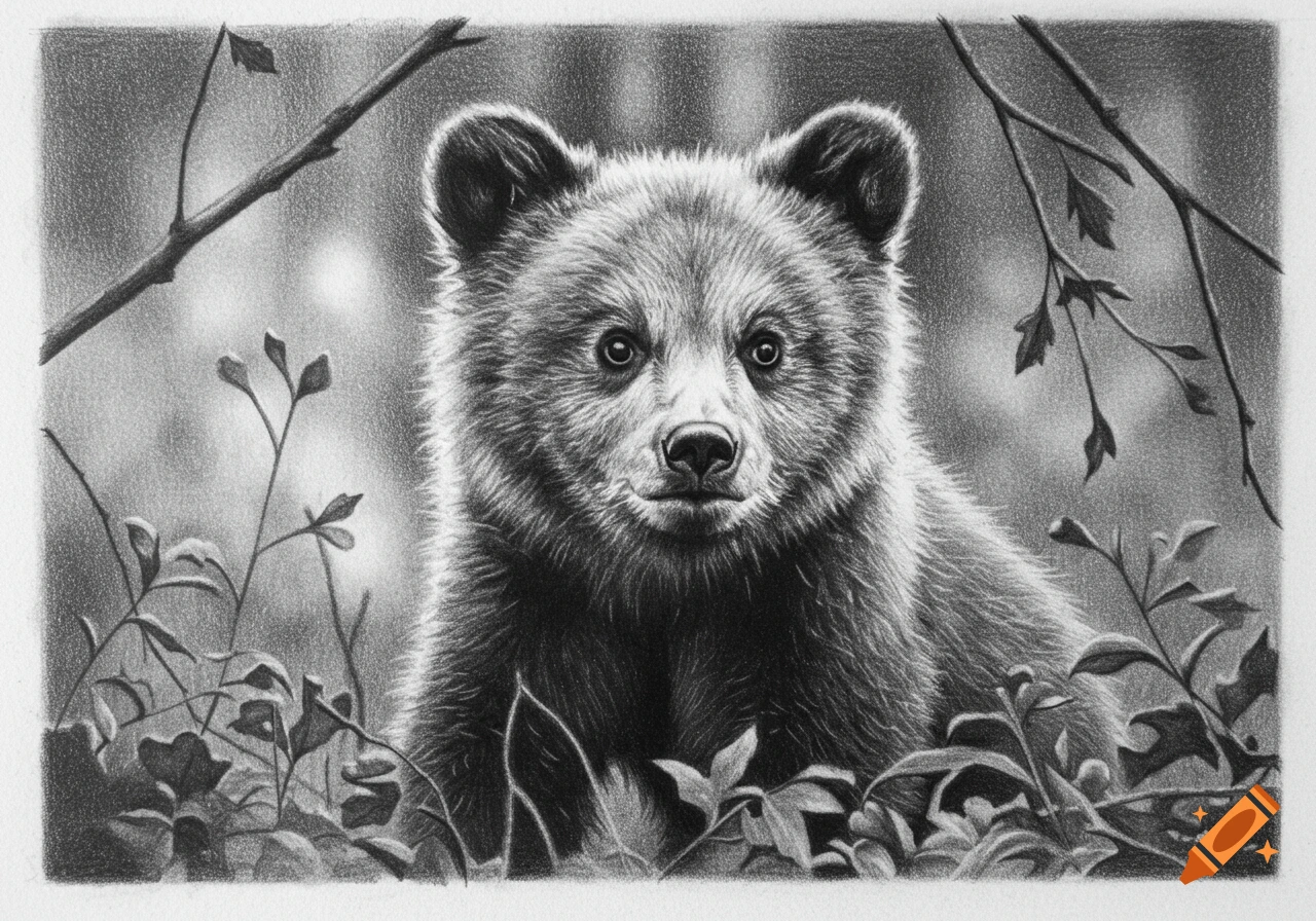 Monochromatic pencil drawing of a fluffy bear cub with wide eyes, looking directly forward from amidst forest foliage.