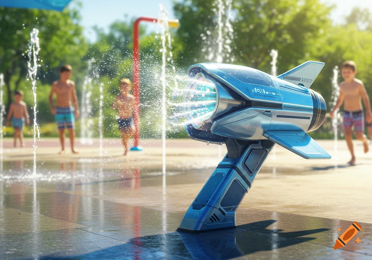 A futuristic blue and silver water toy spraying water, with blurred children playing in a splash pad behind it on a sunny day.