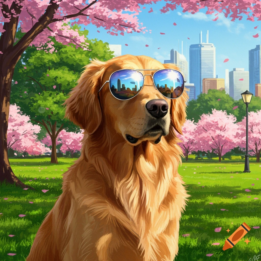 A golden retriever wearing aviator sunglasses sits in a park with pink cherry blossoms and a city skyline in the background, in an animated style.