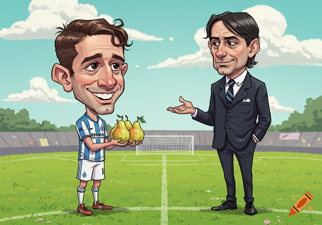 A humorous caricature of a footballer presenting pears to a coach on a soccer field.