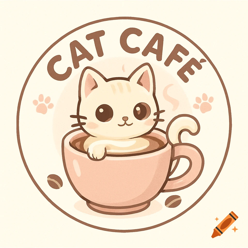 A cute cartoon cat peeking from a pink coffee cup inside a circular logo with 'CAT CAFE' text and paw prints.