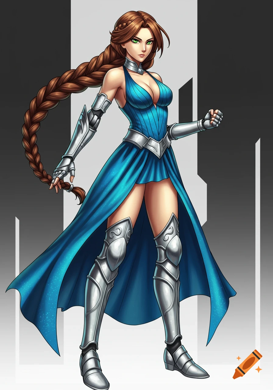 Anime-style woman with long brown braid, green eyes, blue dress, and silver armor.