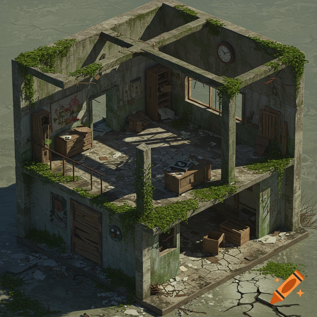 Isometric view of a dilapidated, vine-covered, two-story concrete building with broken walls and debris, in a post-apocalyptic setting.
