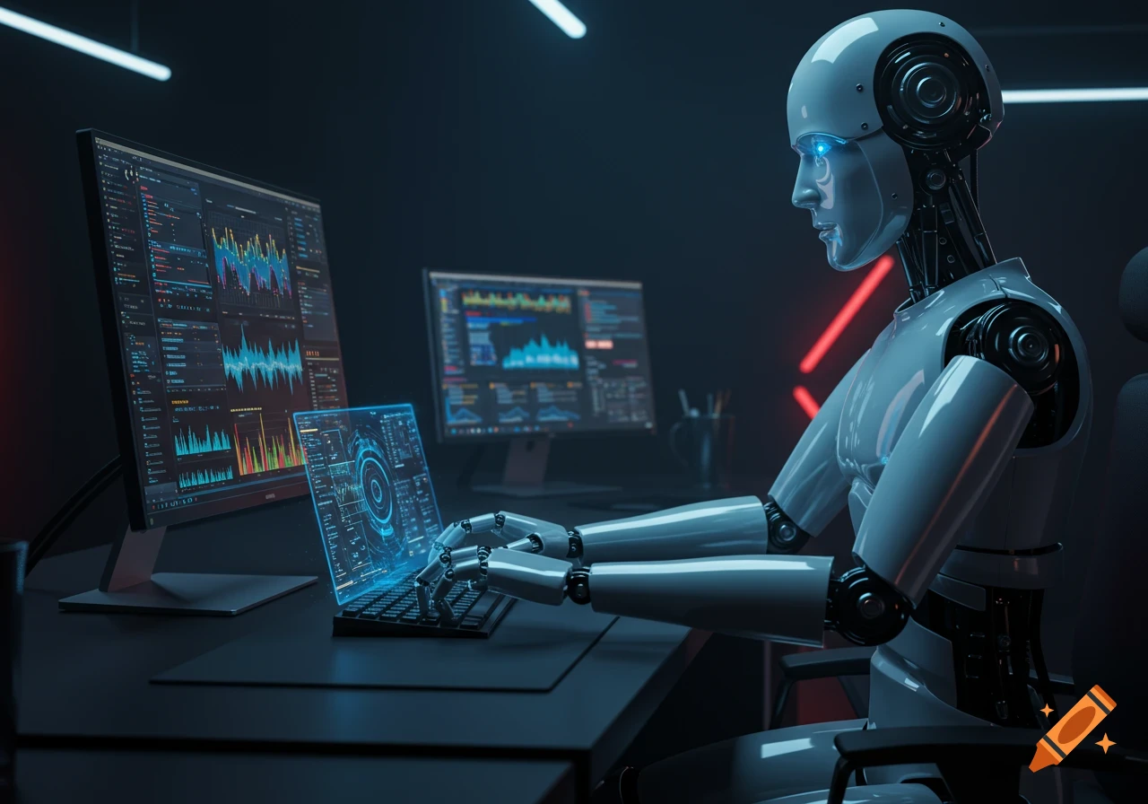 A white robot with glowing blue eyes sits at a desk, typing on a futuristic holographic laptop while monitors display data in a dark, neon-lit room.