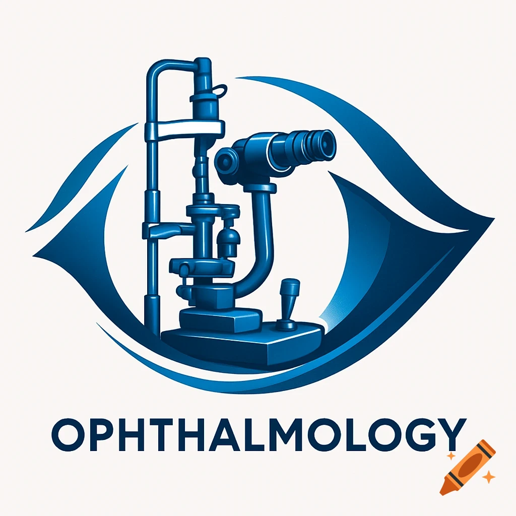 Blue and white logo featuring an eye motif surrounding a slit lamp, with the word 'OPHTHALMOLOGY' below.