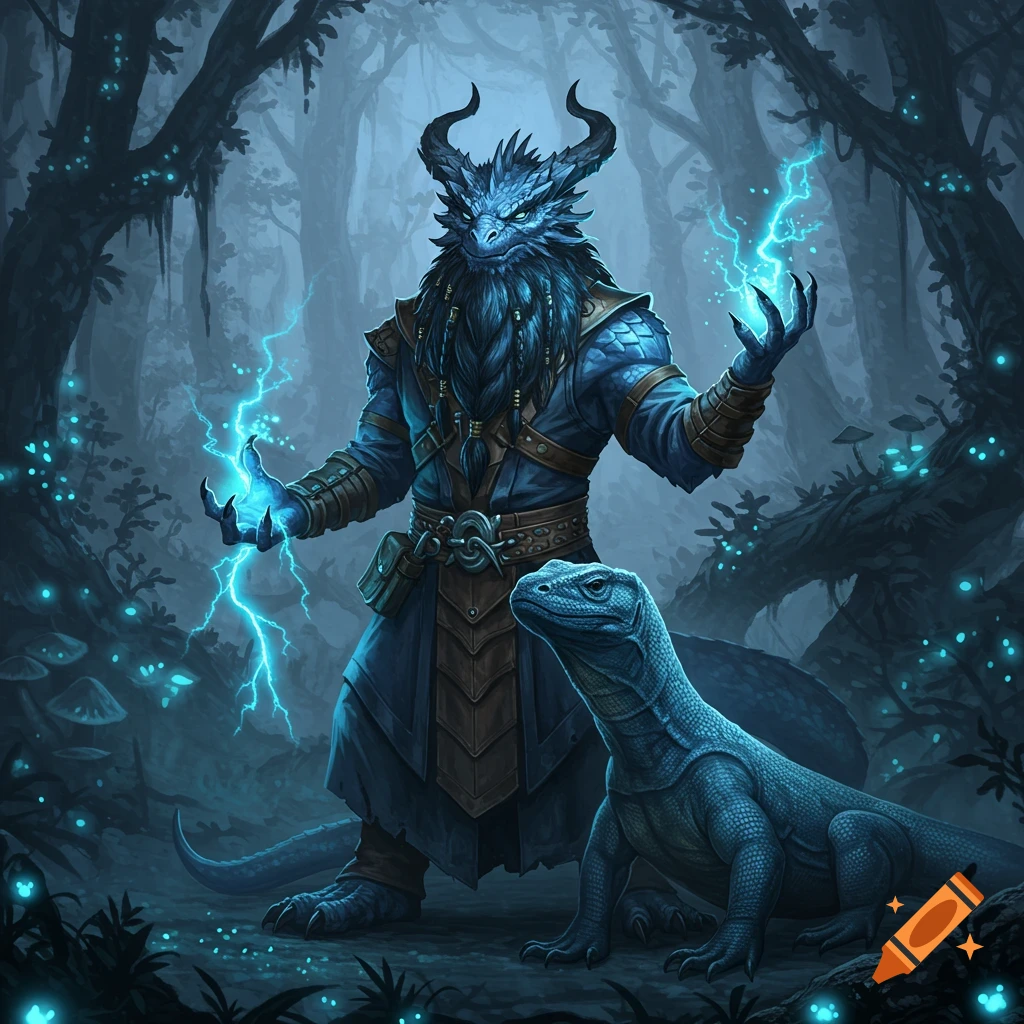 A blue dragonborn wizard with glowing blue lightning in his hands stands with a blue Komodo dragon in a magical, dark forest.