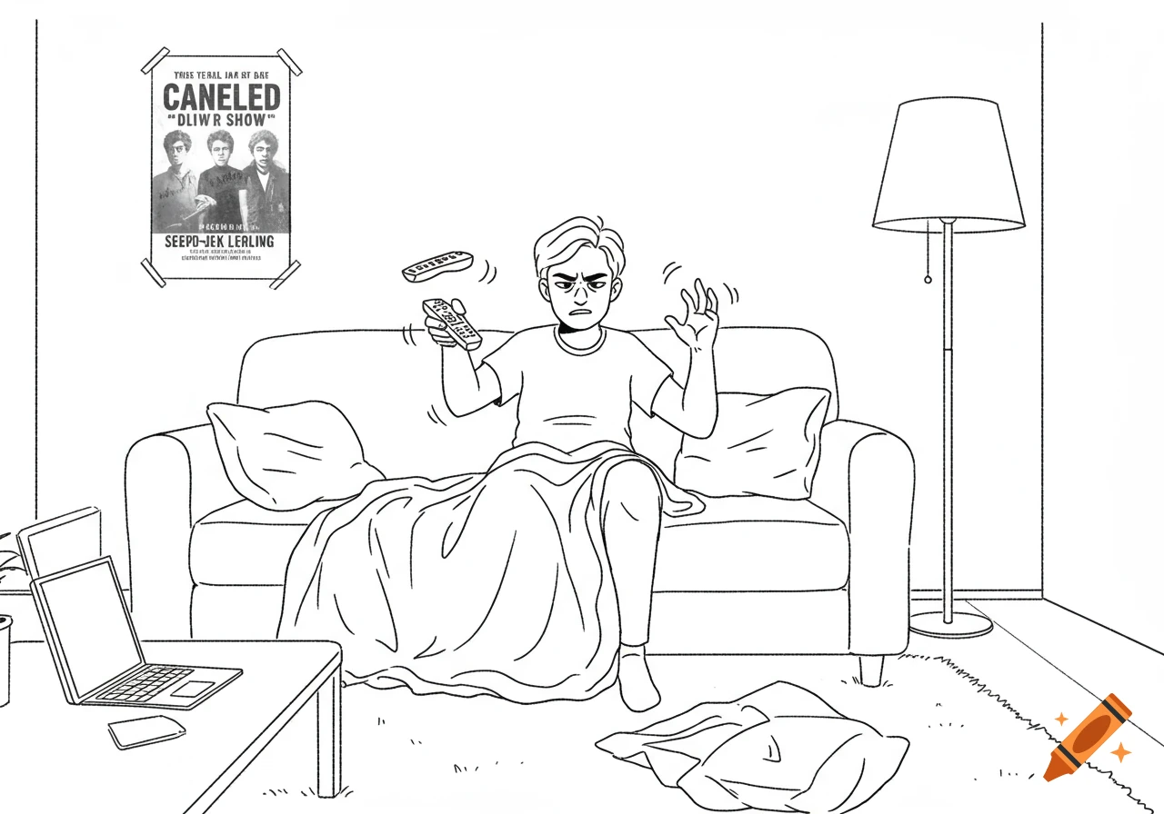 A black and white line drawing of a frustrated person on a couch, holding two TV remotes, with a laptop on a table nearby.