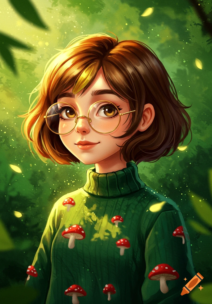 Digital illustration of a girl with short brown hair, gold glasses, and a green mushroom sweater, standing in a glowing green forest.