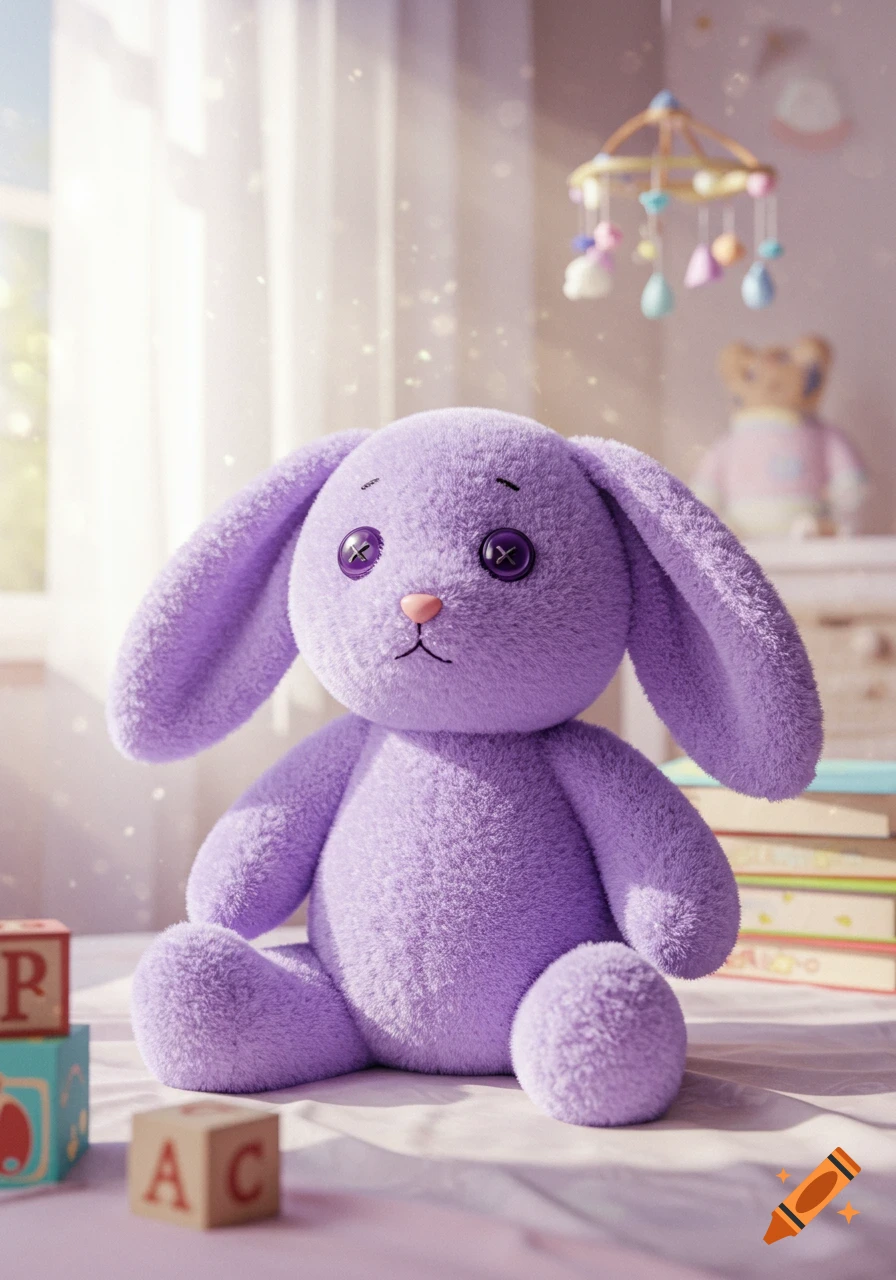 A fluffy purple toy bunny with button eyes sits in a sunlit nursery with alphabet blocks and a mobile.