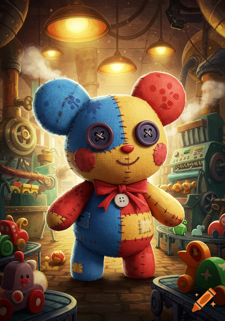Colorful patched-up teddy bear with button eyes and a red bow in a whimsical toy factory with other wooden toys, detailed illustration.