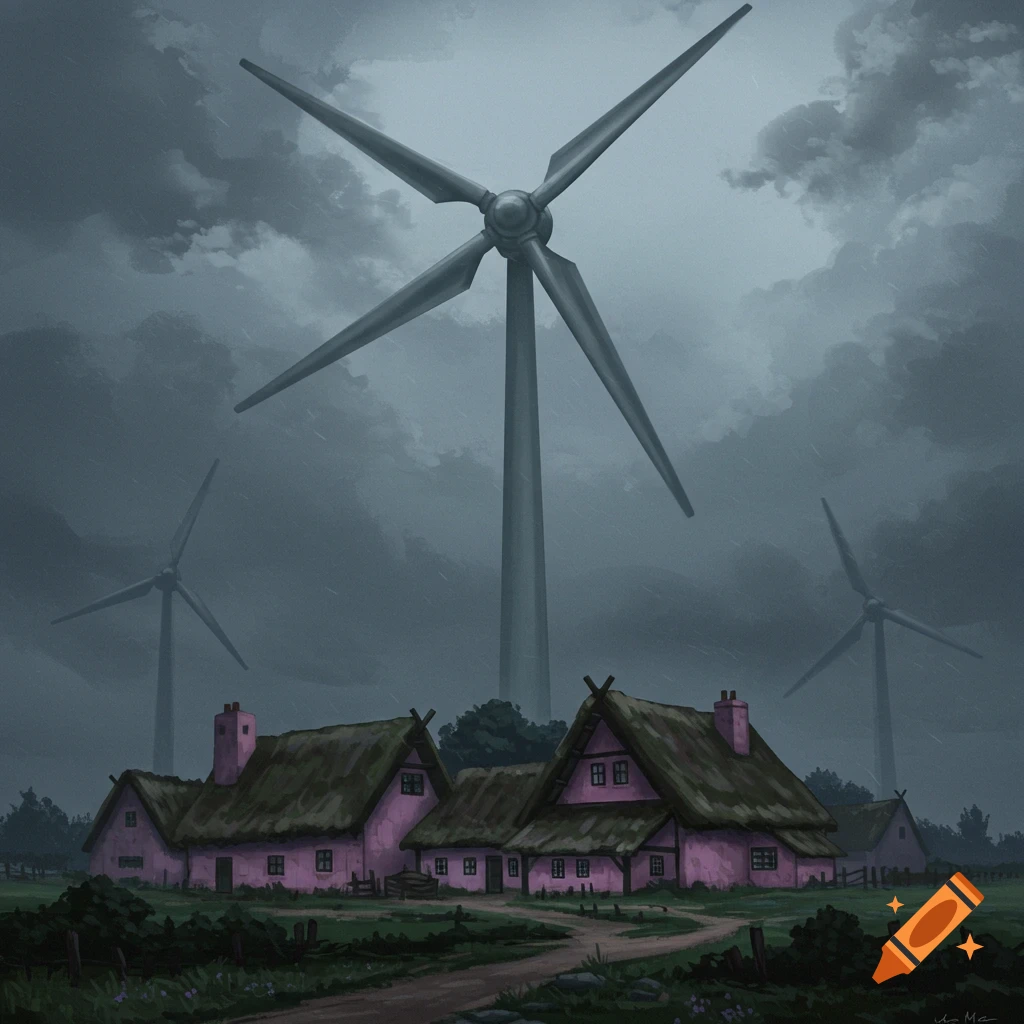 A painting of a giant wind turbine towering over a cluster of small pink houses with thatched roofs under a dark, stormy sky.