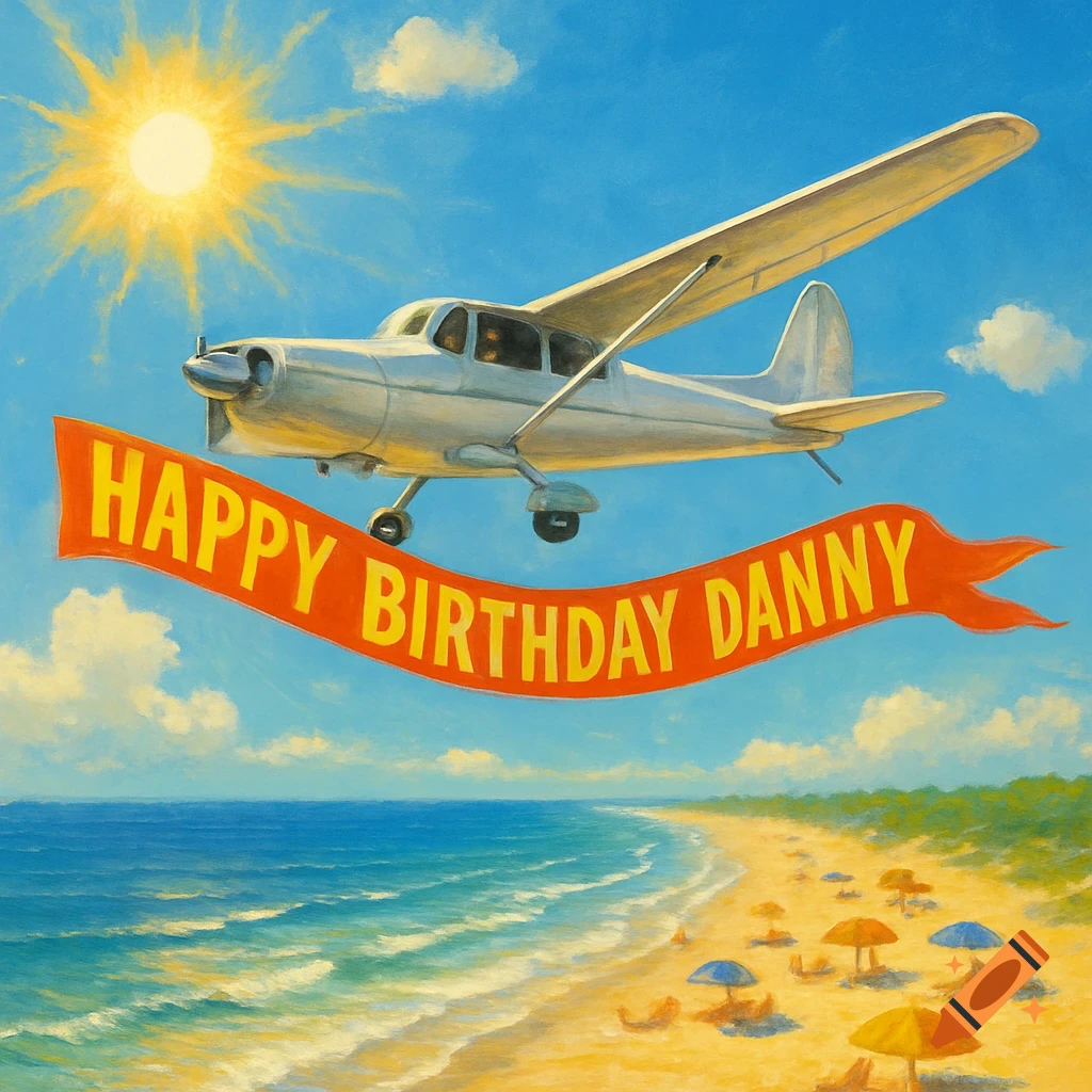 Painted scene of a silver airplane flying over a sunny beach, pulling a red banner reading 'HAPPY BIRTHDAY DANNY'.