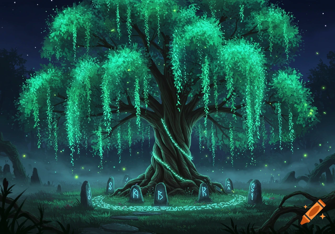 A mystical willow tree with glowing green leaves and branches, surrounded by glowing rune stones and fireflies in a dark forest at night, digital art.