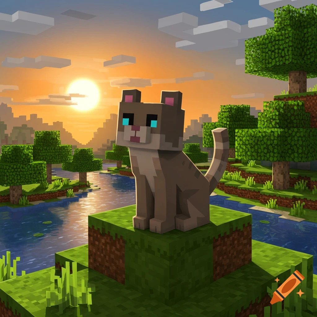 A blocky Minecraft cat with blue eyes sits by a river in a pixelated landscape at sunset.