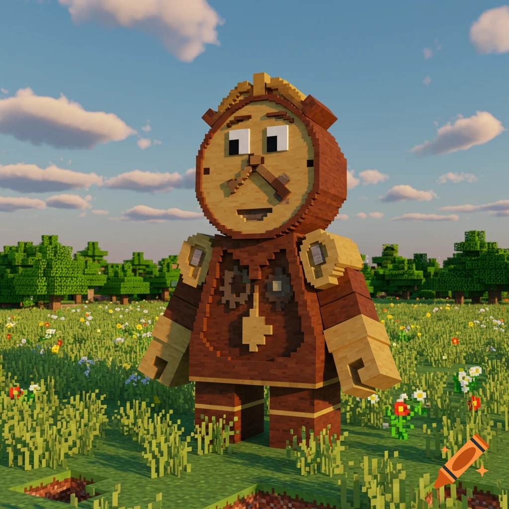 A Minecraft-style blocky clock character stands in a sunny green field with trees under a blue sky.