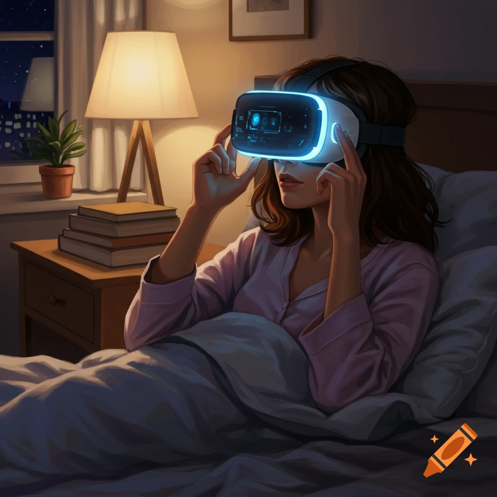 An illustrative image of a woman in bed at night, putting on a glowing virtual reality headset.