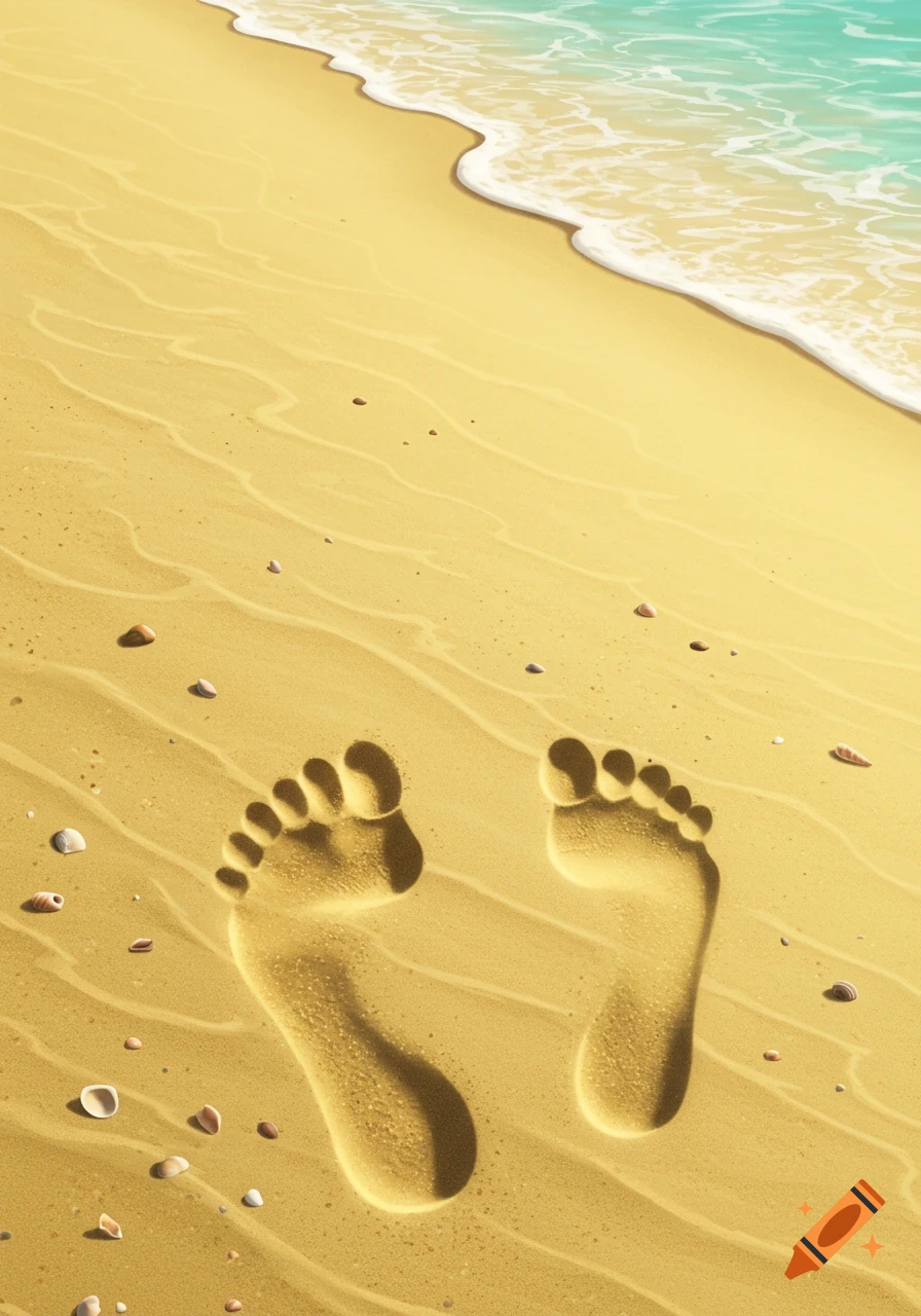 Two human footprints in the sand on a beach with the ocean waves gently washing ashore.