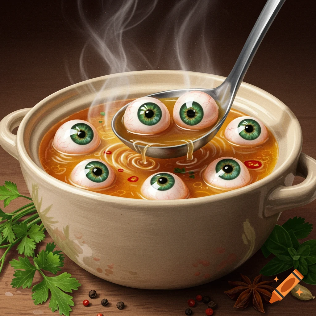 A steaming bowl of eerie soup filled with several realistic green eyeballs, served with herbs and spices.